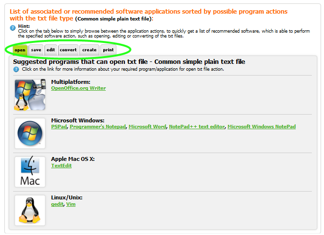 Example of text software table of recommended applications, sorted by platforms and by actions they are able to perform.