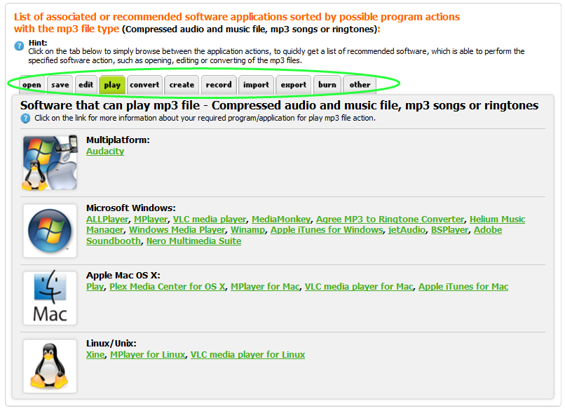 Example of audio software table of recommended applications, sorted by platforms and by actions they are able to perform.