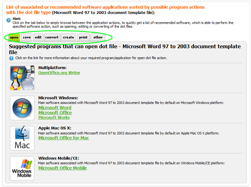 Example of Microsoft Office software table of recommended applications, sorted by platforms and by actions they are able to perform.