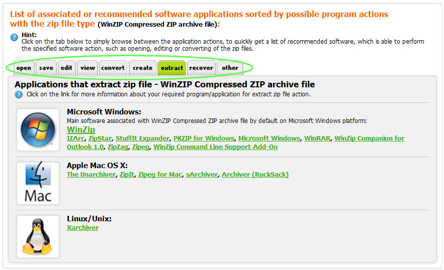 Example of archive software table of recommended applications, sorted by platforms and by actions they are able to perform.