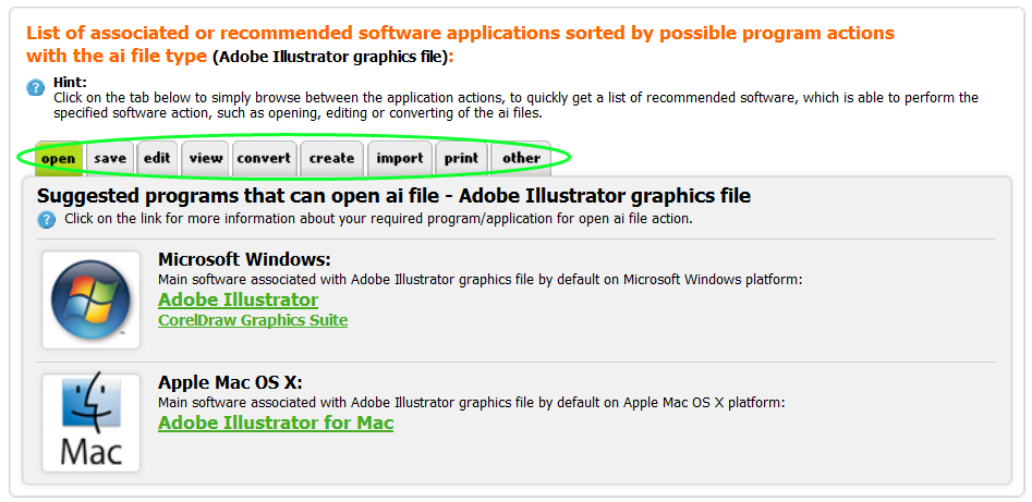 Example of vector graphics software table of recommended applications, sorted by platforms and by actions they are able to perform.