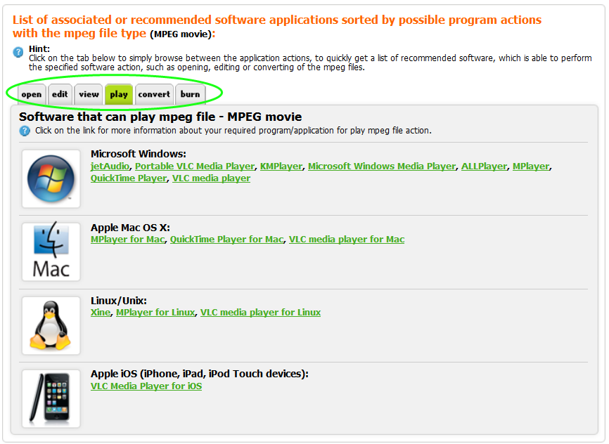 Example of video software table of recommended applications, sorted by platforms and by actions they are able to perform.