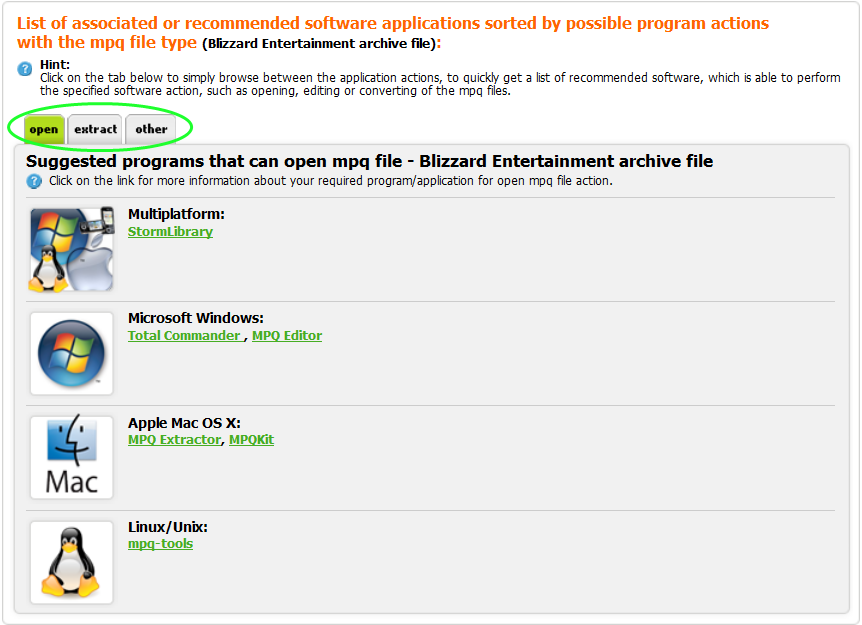 Example of game software table of recommended applications, sorted by platforms and by actions they are able to perform.