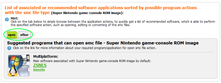 Example of emulator software table of recommended applications, sorted by platforms and by actions they are able to perform.