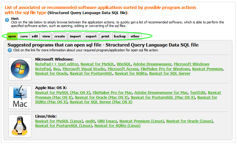 Example of database software table of recommended applications, sorted by platforms and by actions they are able to perform.