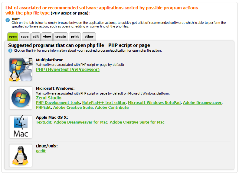 Example of programming or scripting software table of recommended applications, sorted by platforms and by actions they are able to perform.