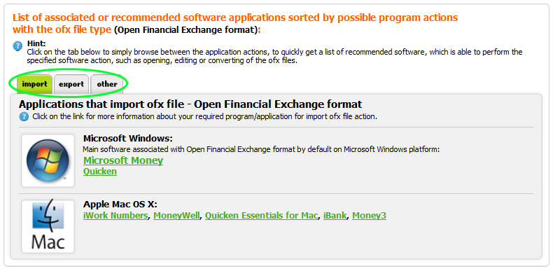 Example of accounting and tax software table of recommended applications, sorted by platforms and by actions they are able to perform.