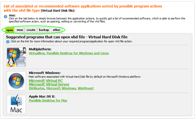 Example of backup software table of recommended applications, sorted by platforms and by actions they are able to perform.