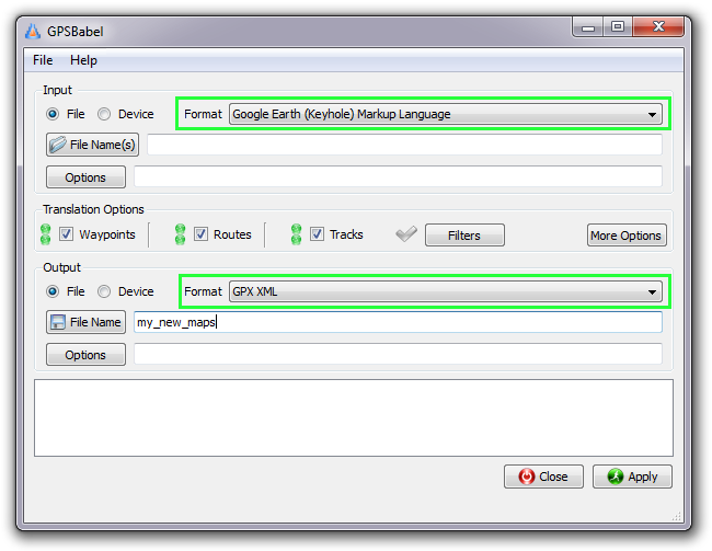 GPSBabel window with KML and GPX formats preselected.