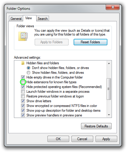 Folder Options screenshot with shown file extensions.