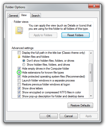 Folder Options screenshot with hidden file extensions.