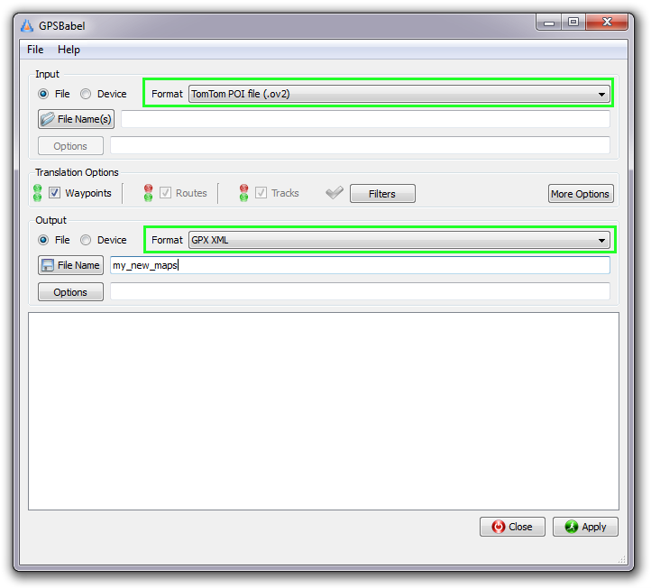 GPSBabel window with OV2 and GPX formats preselected.