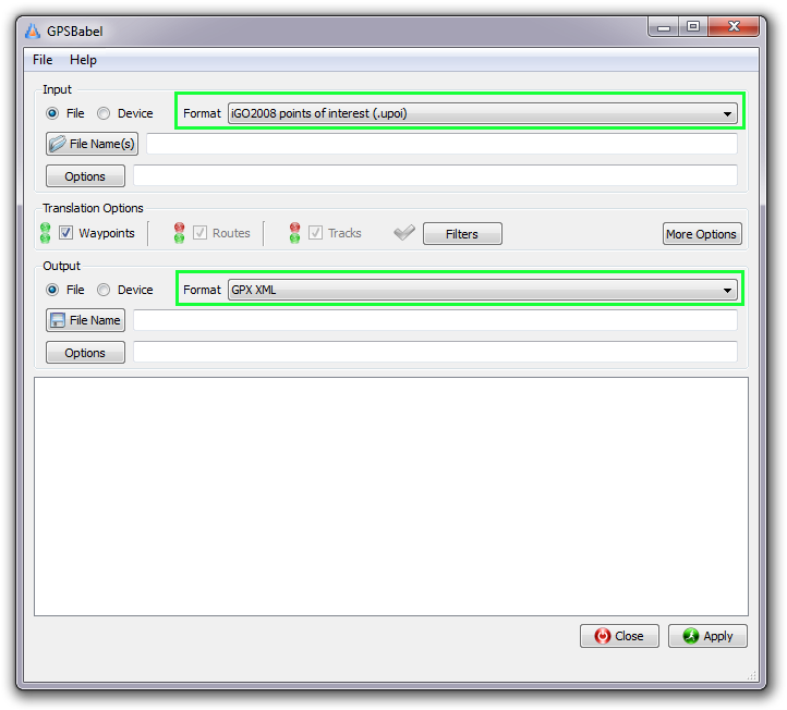 GPSBabel window with UPOI and GPX formats preselected.