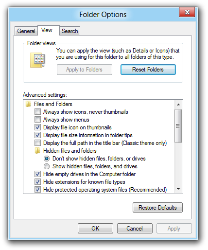 Folder options in Microsoft Windows 8