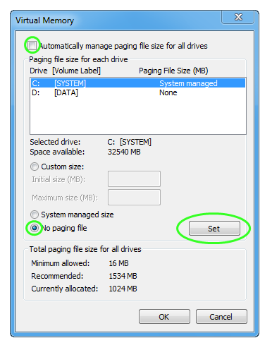 Disabling pagefile.sys on default system partition.