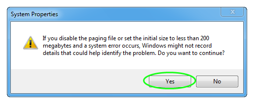 Windows warning window telling user that completely removing virtual memory is not advised.