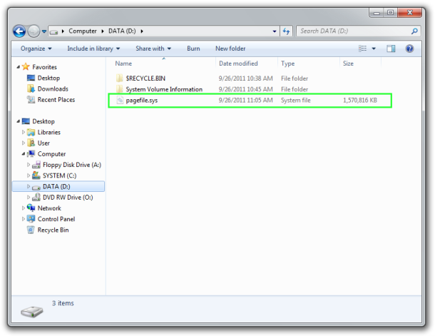 The pagefile.sys file moved to root of another disk drive.