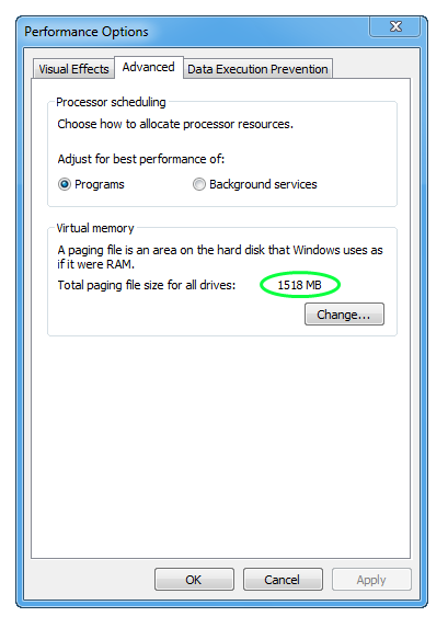 New virtual memory size value visible in control panel.