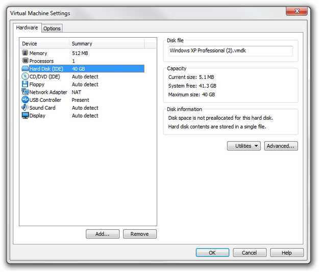 VMware Virtual Machine Settings