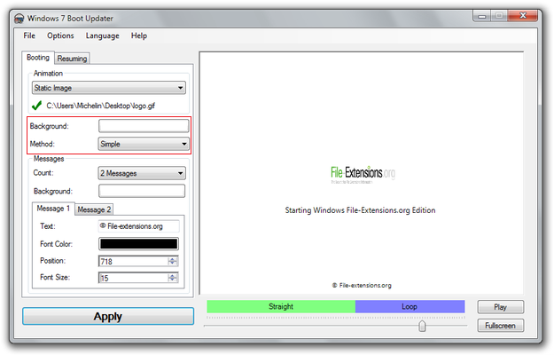 Windows 7 Boot Updater background settings