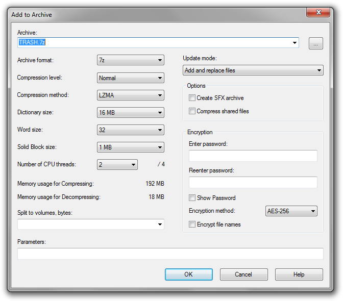 Compression method settings in 7-Zip