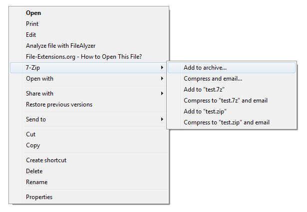 7-Zip implemented to WIndows context menu