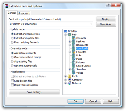 WinRAR extraction path and options