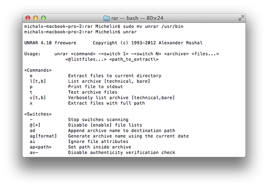 Apple Terminal Unrar sudo installation