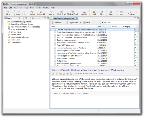 RSSOwl main window screenshot.