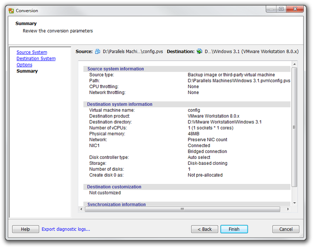 VMware vCenter Converter Standalone summary