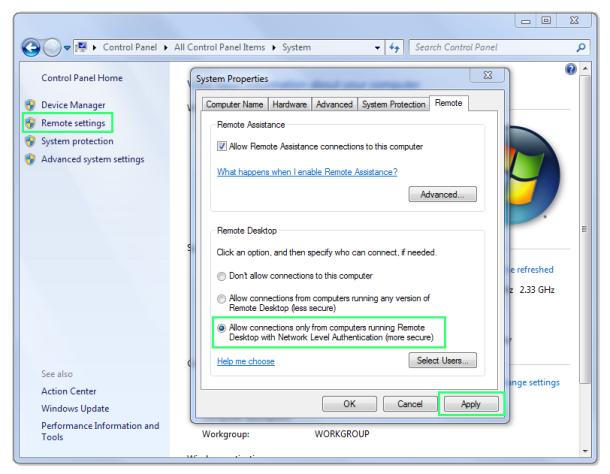 Windows 7 Remote Settings control panel screenshot.