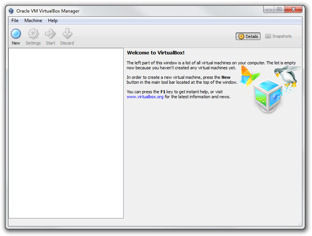 Virtual Box Manager main window