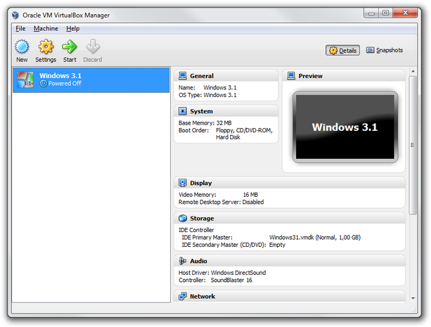 VirtualBox main window start virtual machine