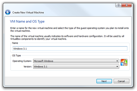 VirtualBox Wizard VM Name and OS Type