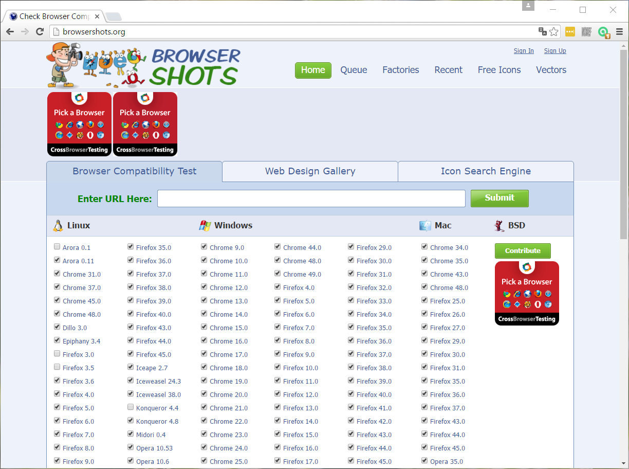 Screenshot of Browsershots website