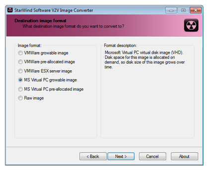 Starwind Software V2V image converter select format