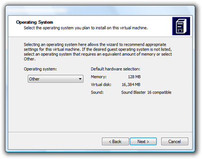 Microsoft Virtual PC Wizard select operating system