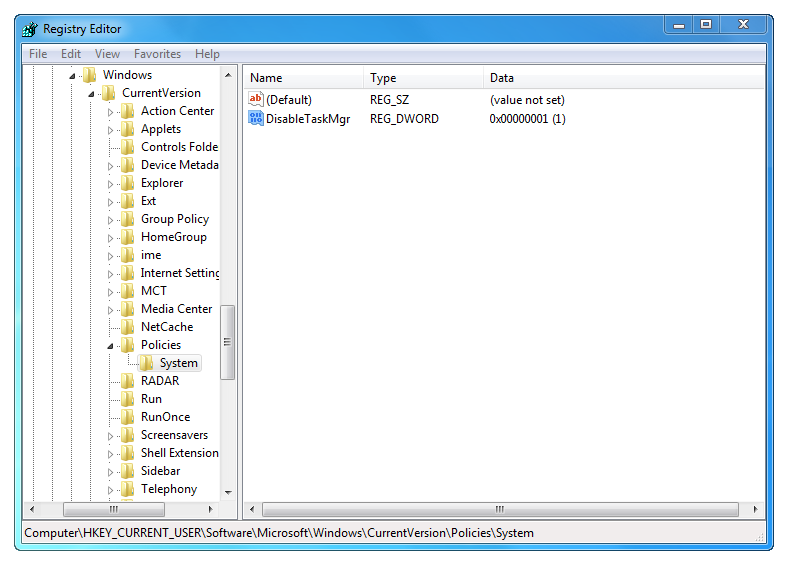 DisableTaskMgr key found in Windows Registry.