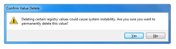 Confirm registry value delete warning window.