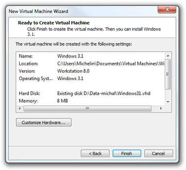 VMware Wizard summary window