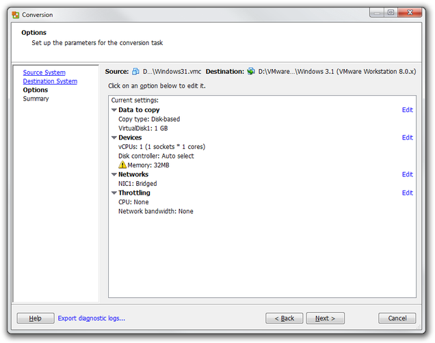 Vcenter Converter Standalone system settings