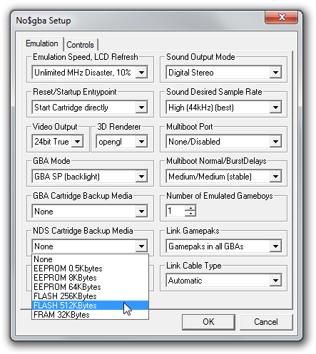 No$gba emulation settings.