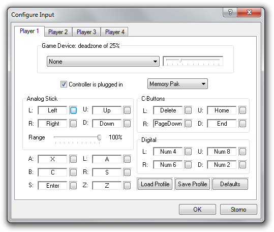 Controller settings in Project64.