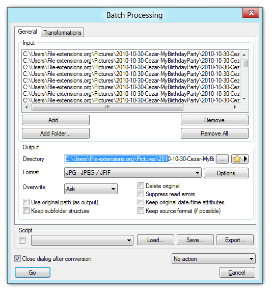 XnView batch processing dialog window