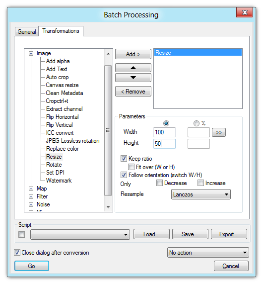 XnView batch processing Transformations tab