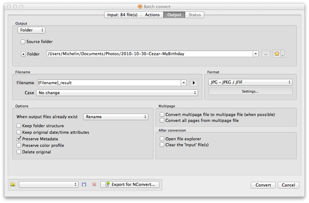 XnView MP for Mac batch processing Output settings