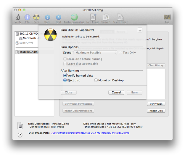 Apple Disk Utility burn Mountain Lion installation DVD