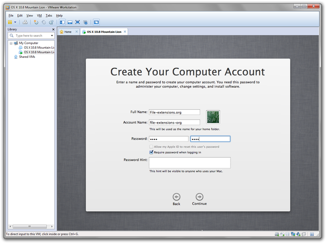 VMware setup of Mac OS X