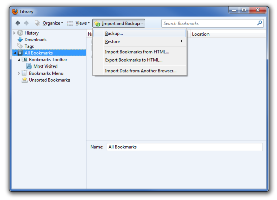 Firefox bookmarks library backup option.