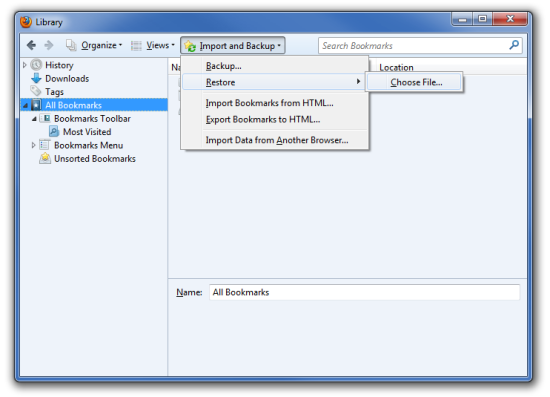 Firefox bookmarks library restore option.